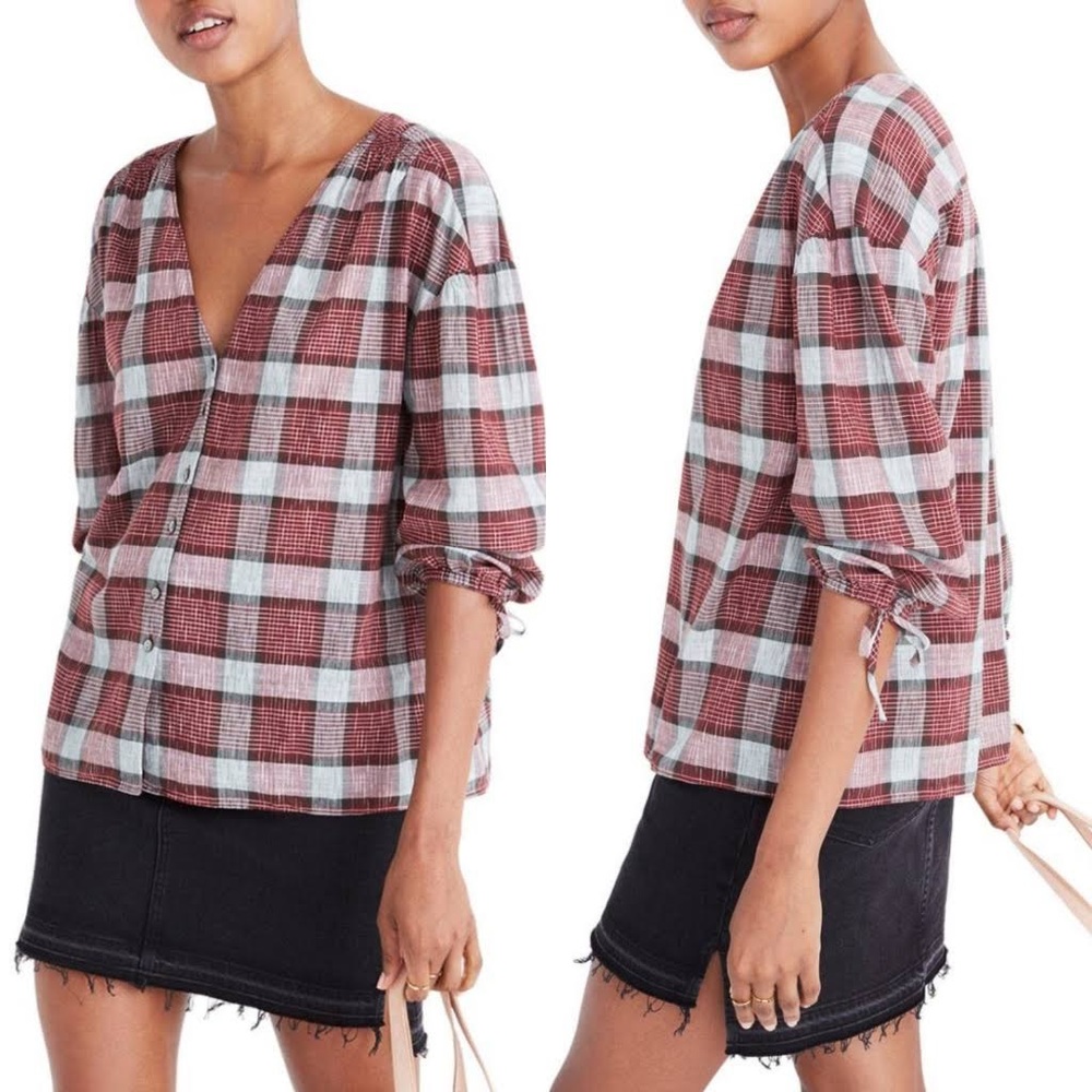 Madewell Morningview Tie-Sleeve Shirt in Burgundy Plaid